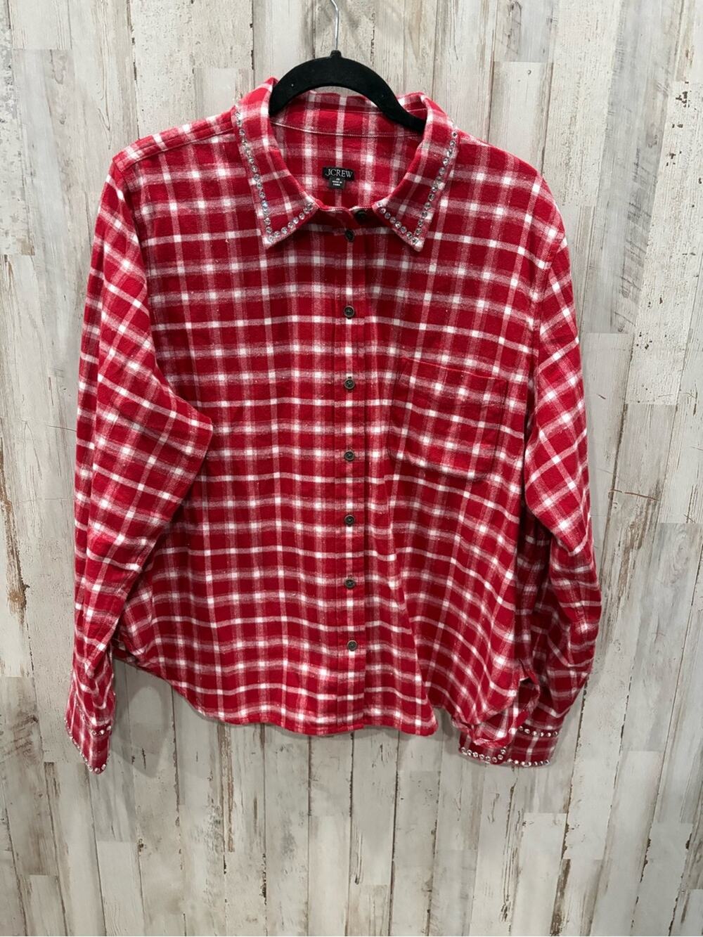 J. Crew Embellished shrunken button-up shirt Red plaid brushed cotton oxford 20